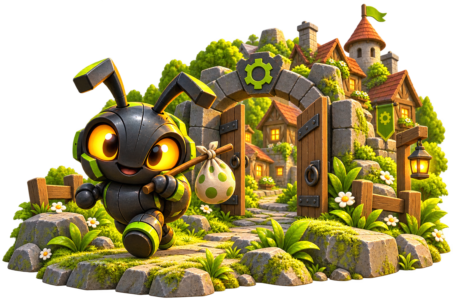 The Bugged Games mascot cheerfully leaving town with a travel bundle