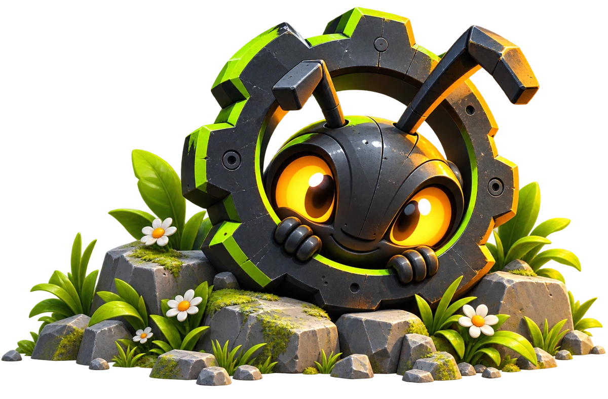 Bugged Games mascot peeking through a gear among rocks and plants