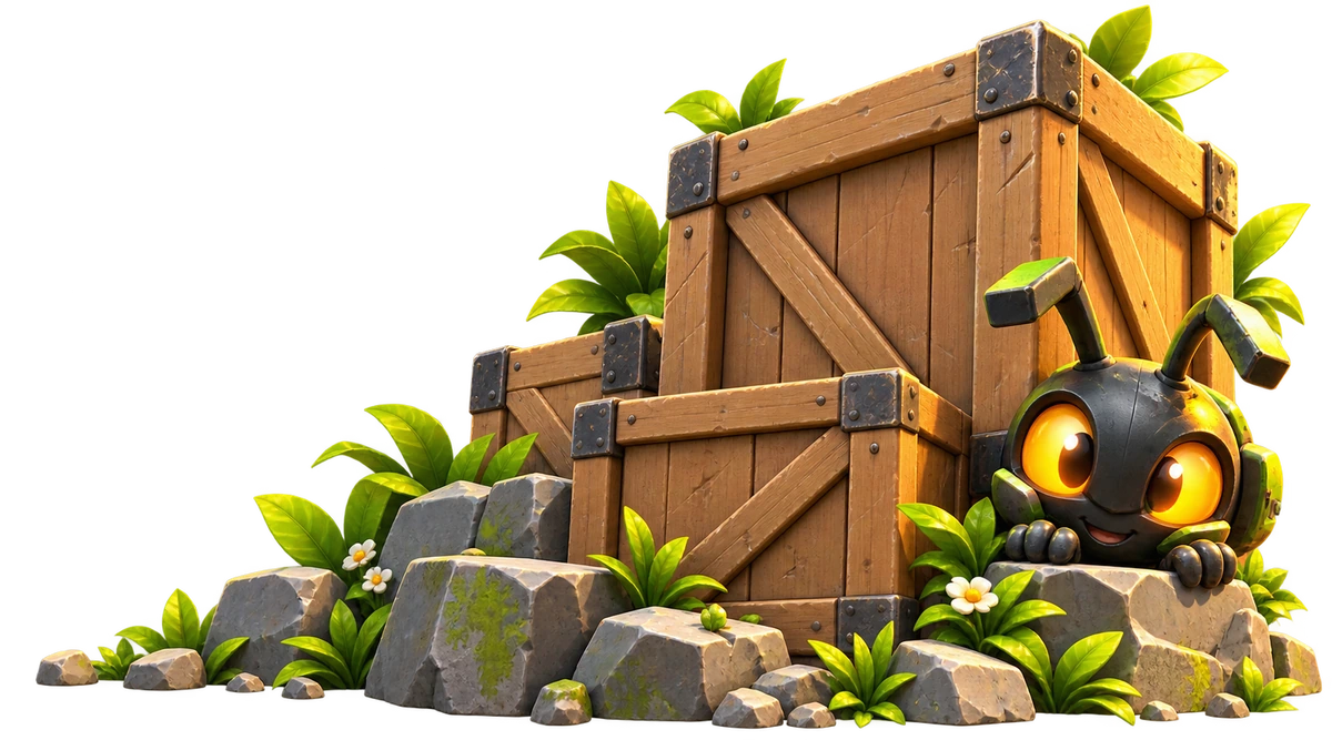 Bugged Games mascot peeking from wooden crates and rocks