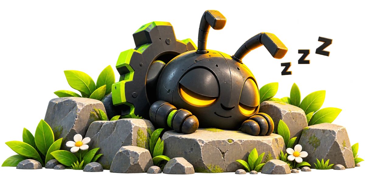 Bugged Games mascot sleeping on rocks